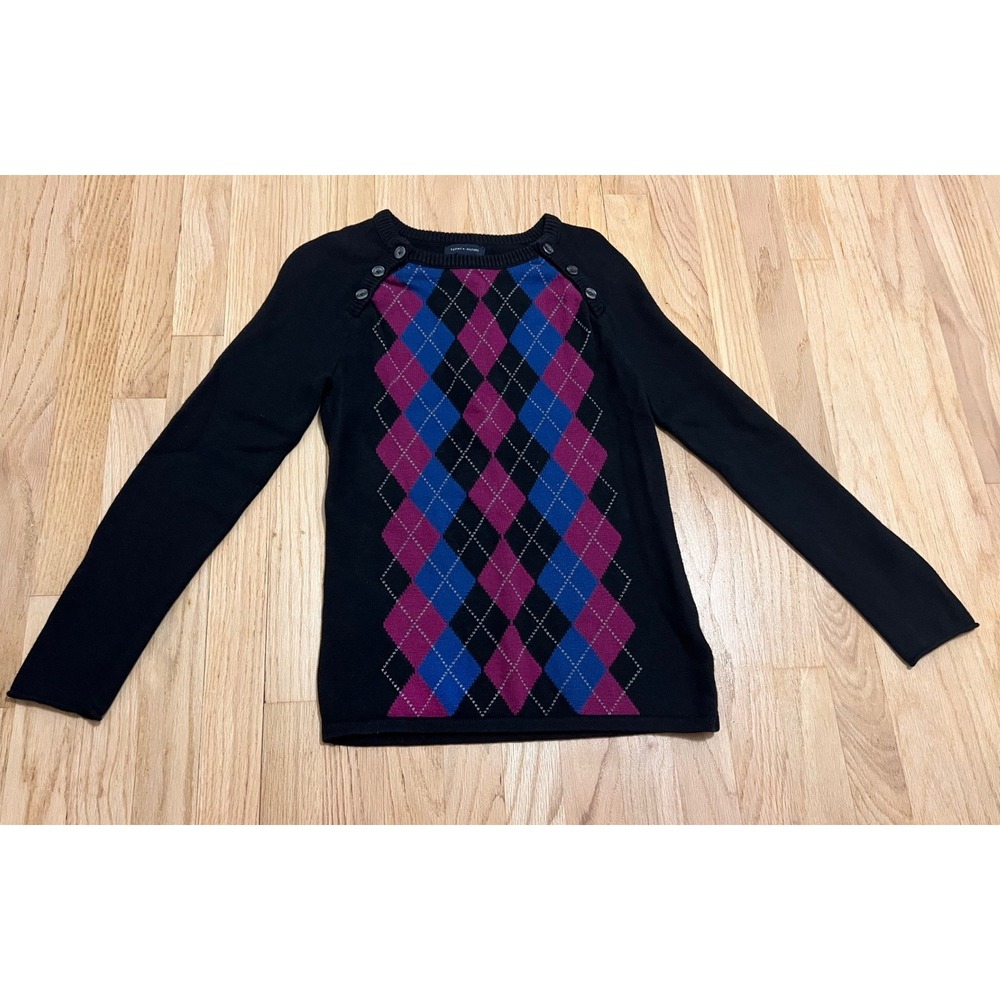 Tommy Hilfiger Womens Argyle Sweater Black Pink Blue Angora Blend Size M 10465